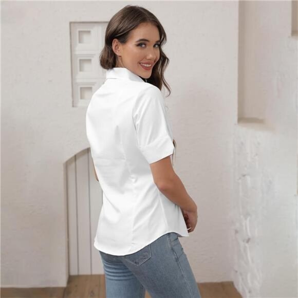 Womens Button Down Shirts Tailored Short Sleeve Shirt - Picture 4 of 8